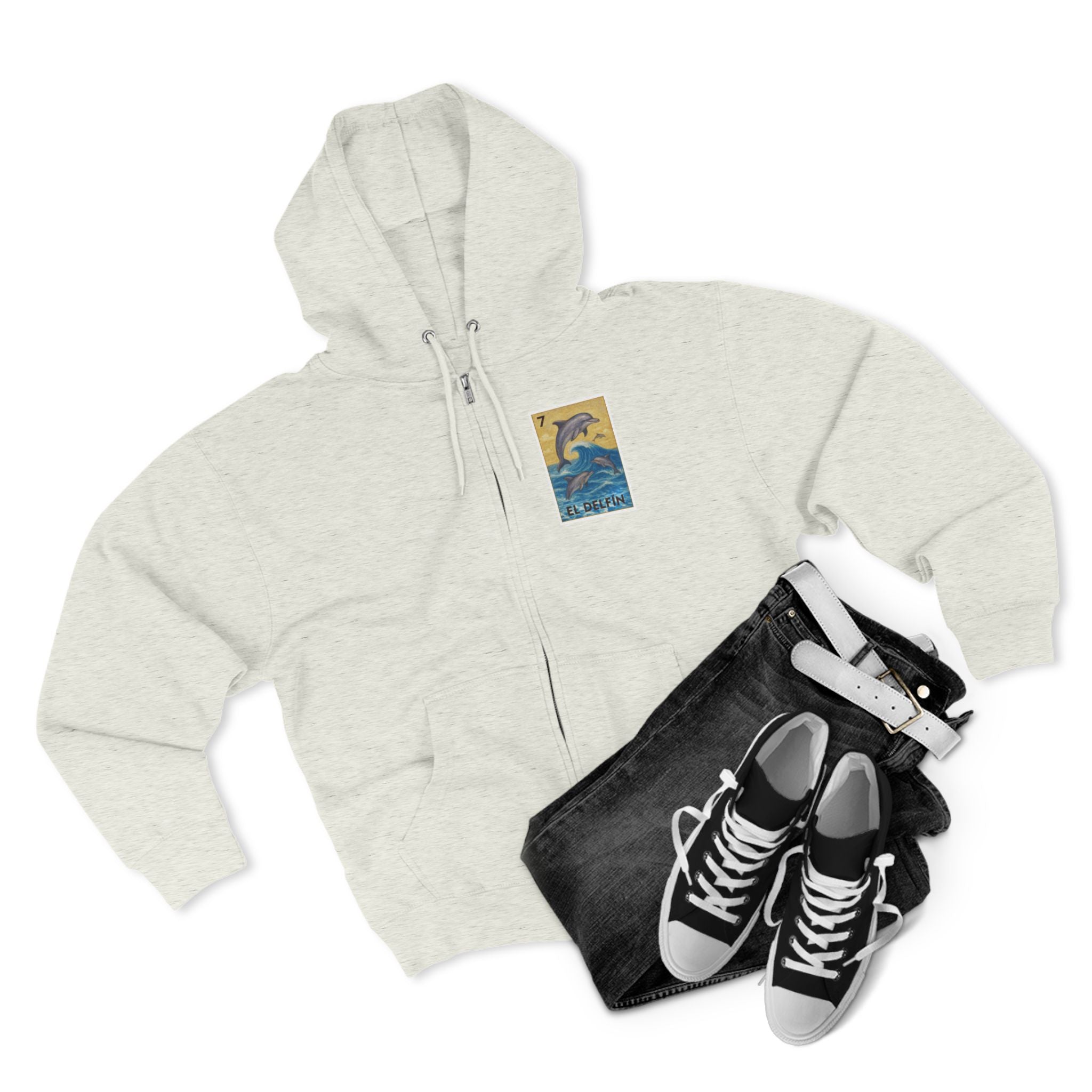 Dolphin Lotería Unisex - Zip Cotton Blend Fleece Hoodie (El Delfín)