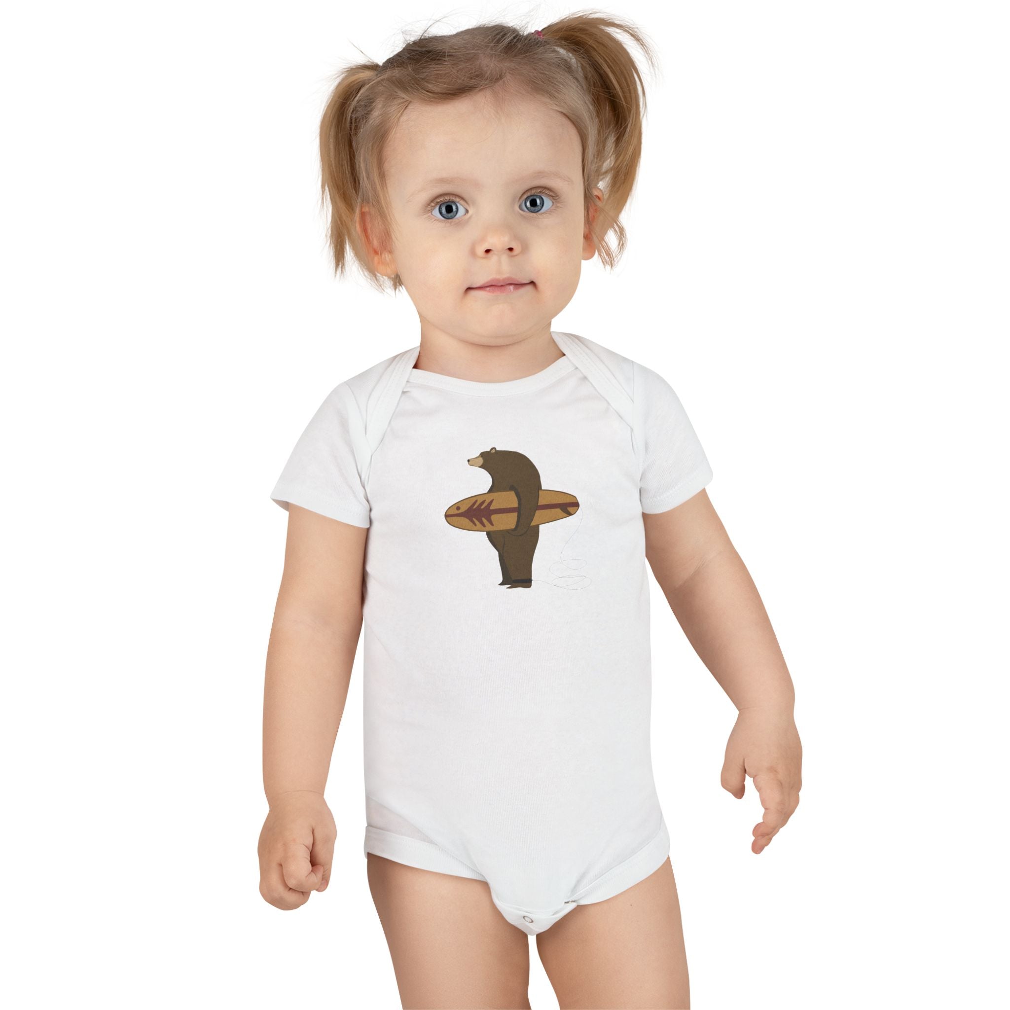 Surfing Grizzly Bear by Fabian Lavater - Baby Short Sleeve 100% Cotton Onesie