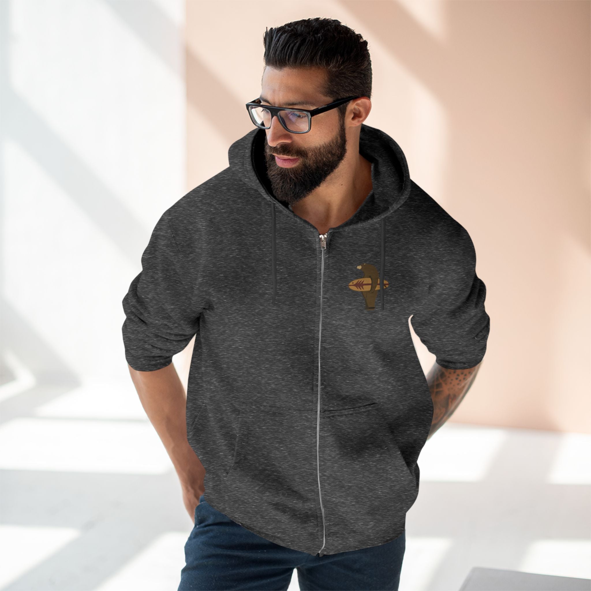 Surfing Grizzly Bear by Fabian Lavater Unisex - Zip Cotton Blend Fleece Hoodie