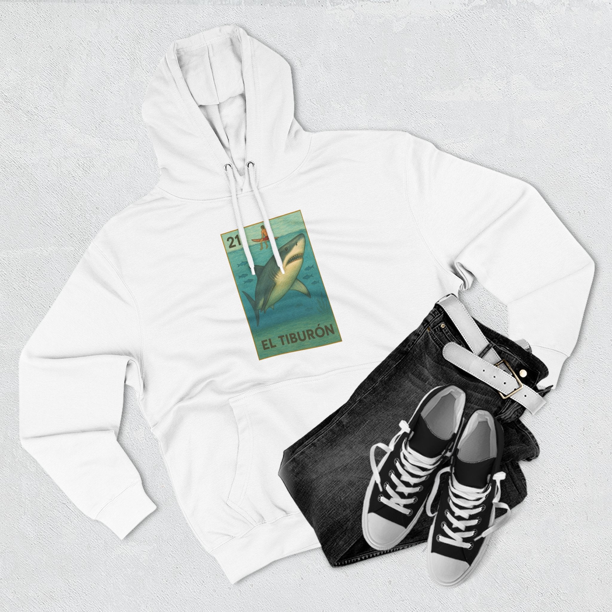 Shark Lotería Unisex - Pull-Over Cotton Blend Fleece Hoodie (El Tiburón)