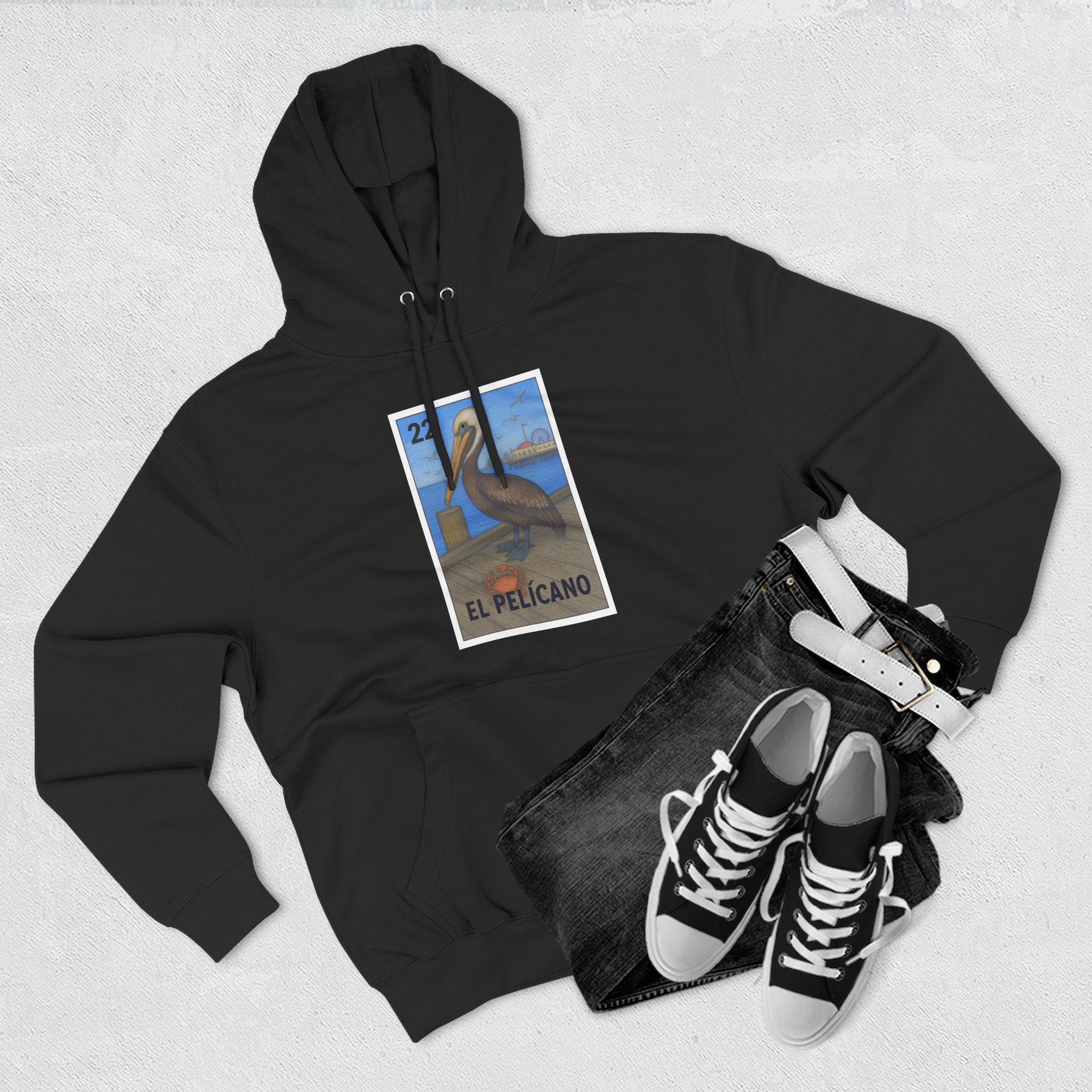 Pelican Lotería Unisex - Pull-Over Cotton Blend Fleece Hoodie (El Pelícano)