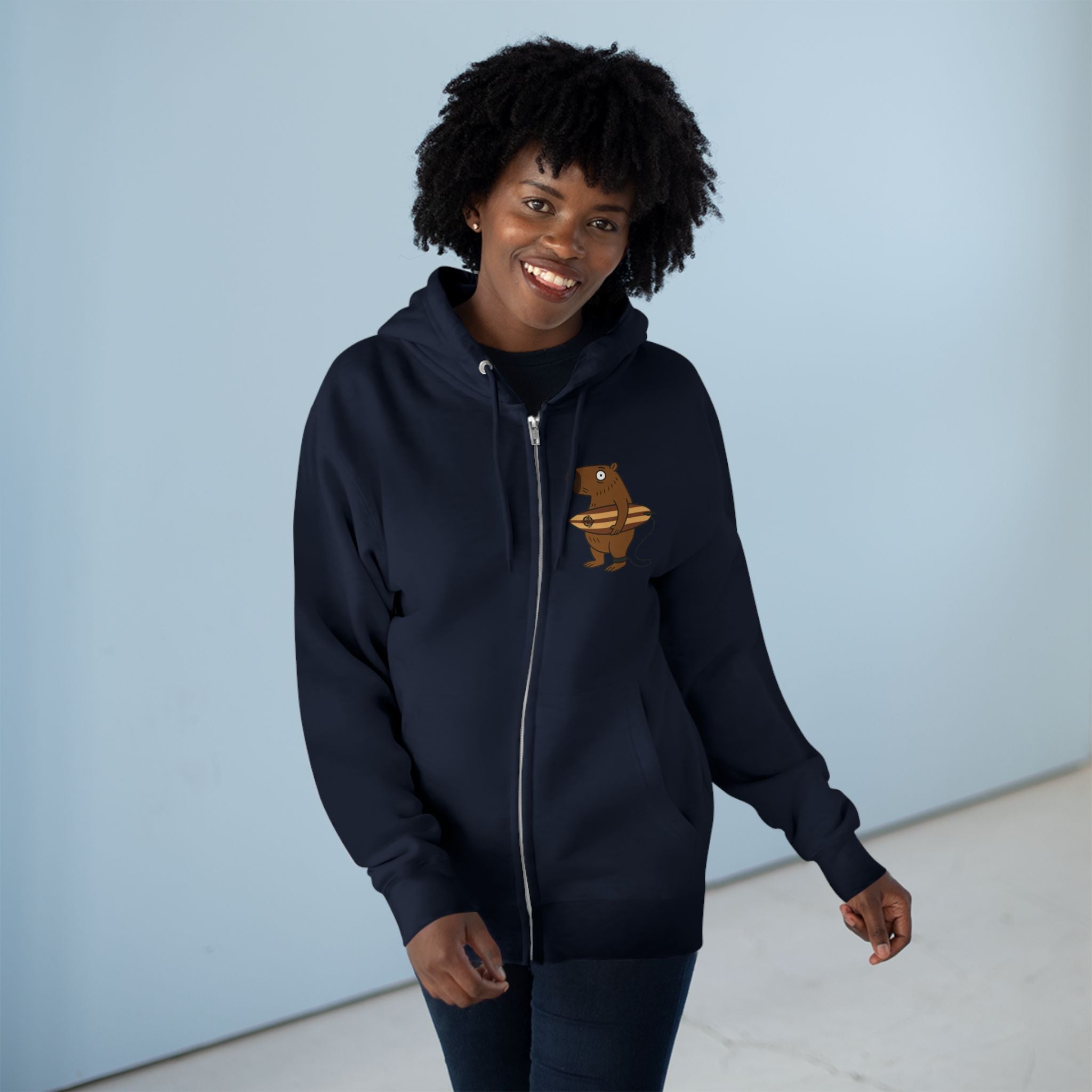 Capybara Surfer Unisex - Zip Cotton Blend Fleece Hoodie