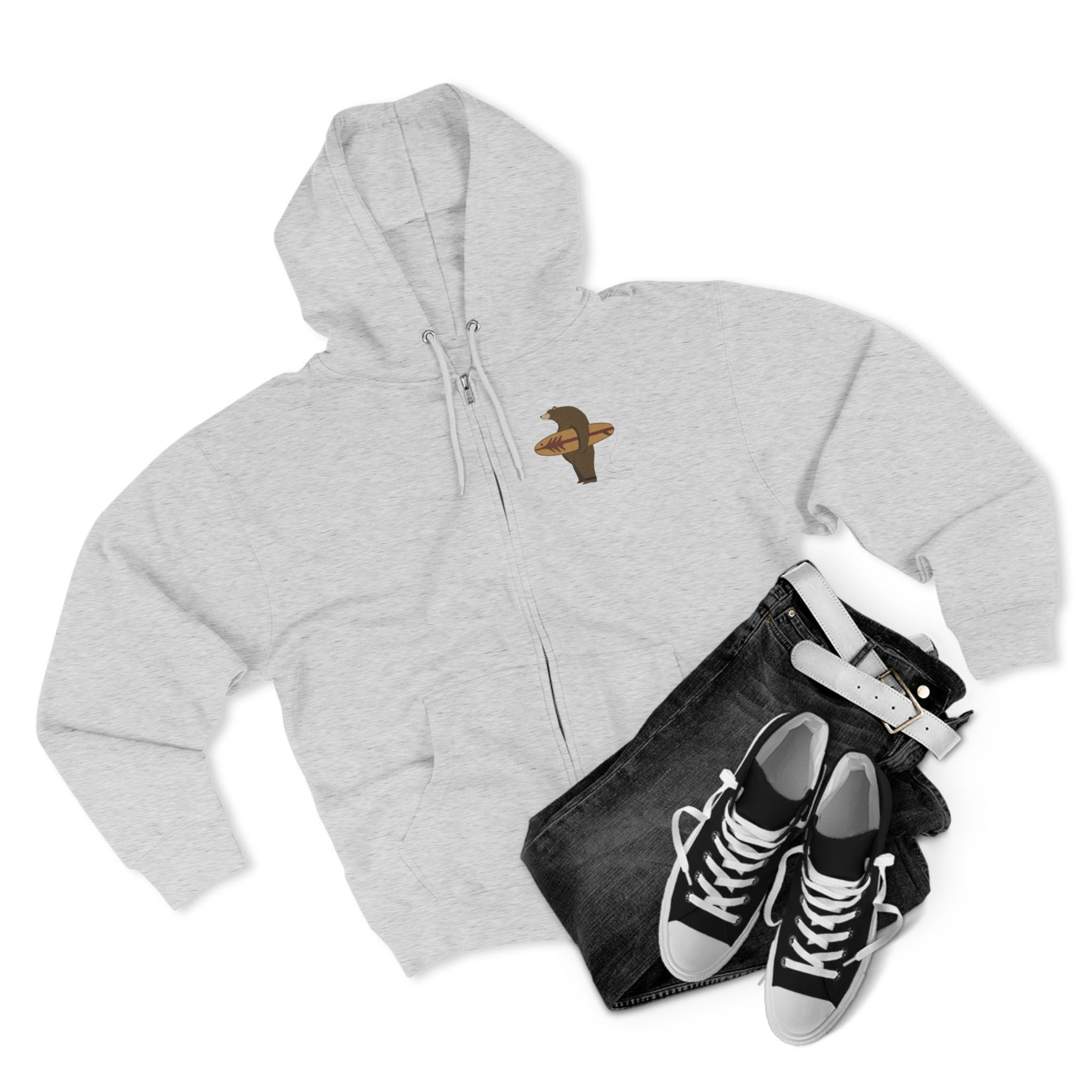 Surfing Grizzly Bear by Fabian Lavater Unisex - Zip Cotton Blend Fleece Hoodie