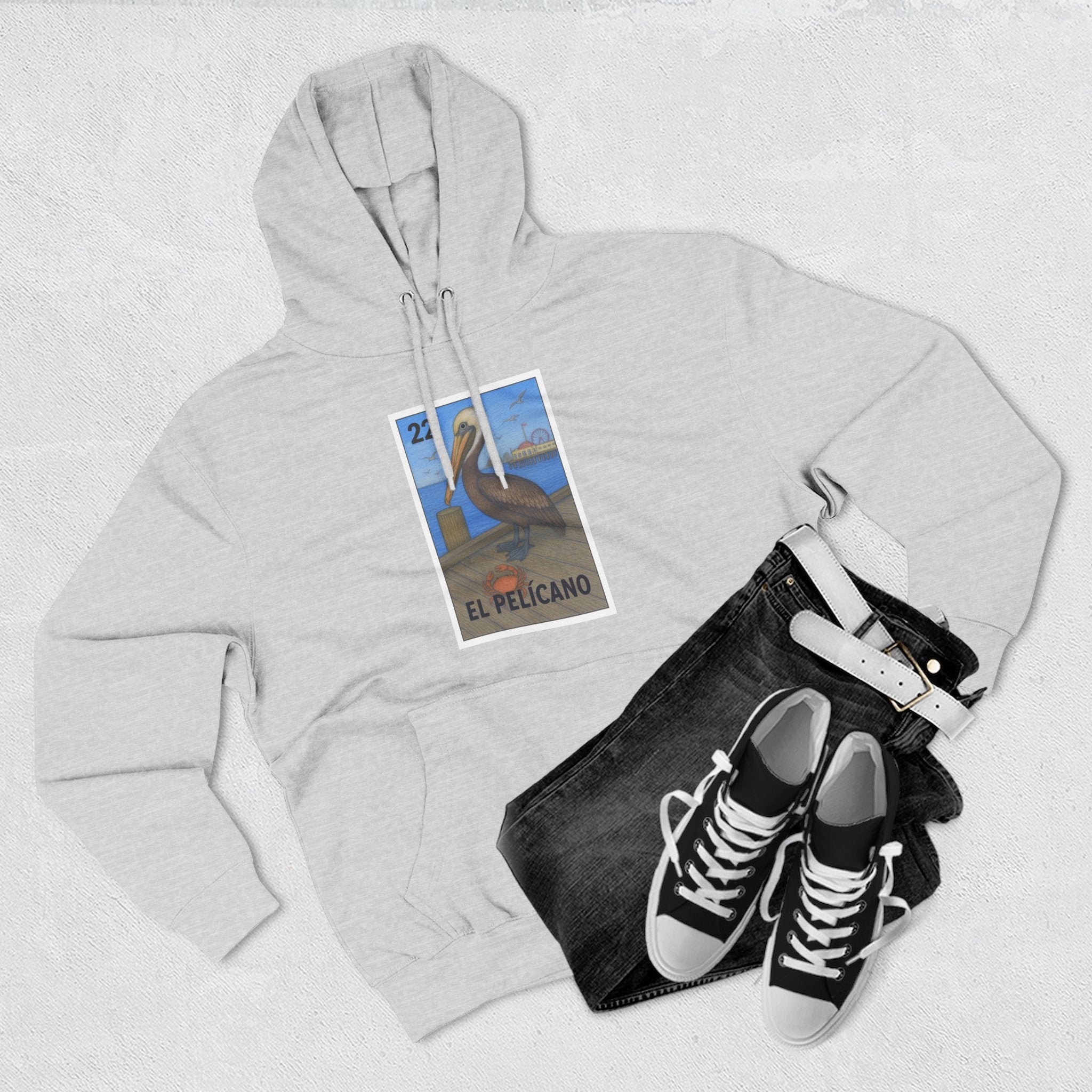 Pelican Lotería Unisex - Pull-Over Cotton Blend Fleece Hoodie (El Pelícano)