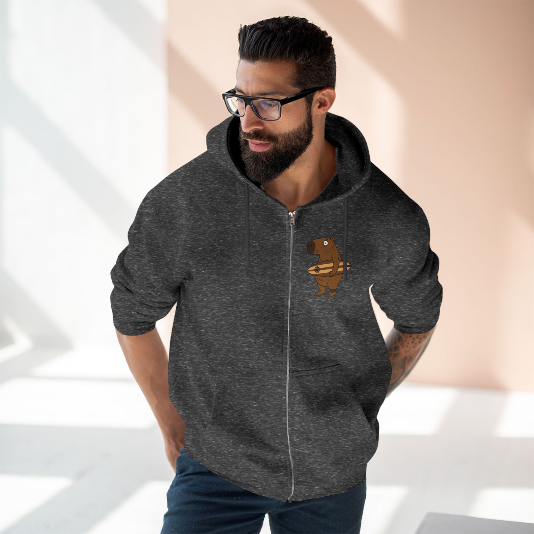 Capybara Surfer Unisex - Zip Cotton Blend Fleece Hoodie