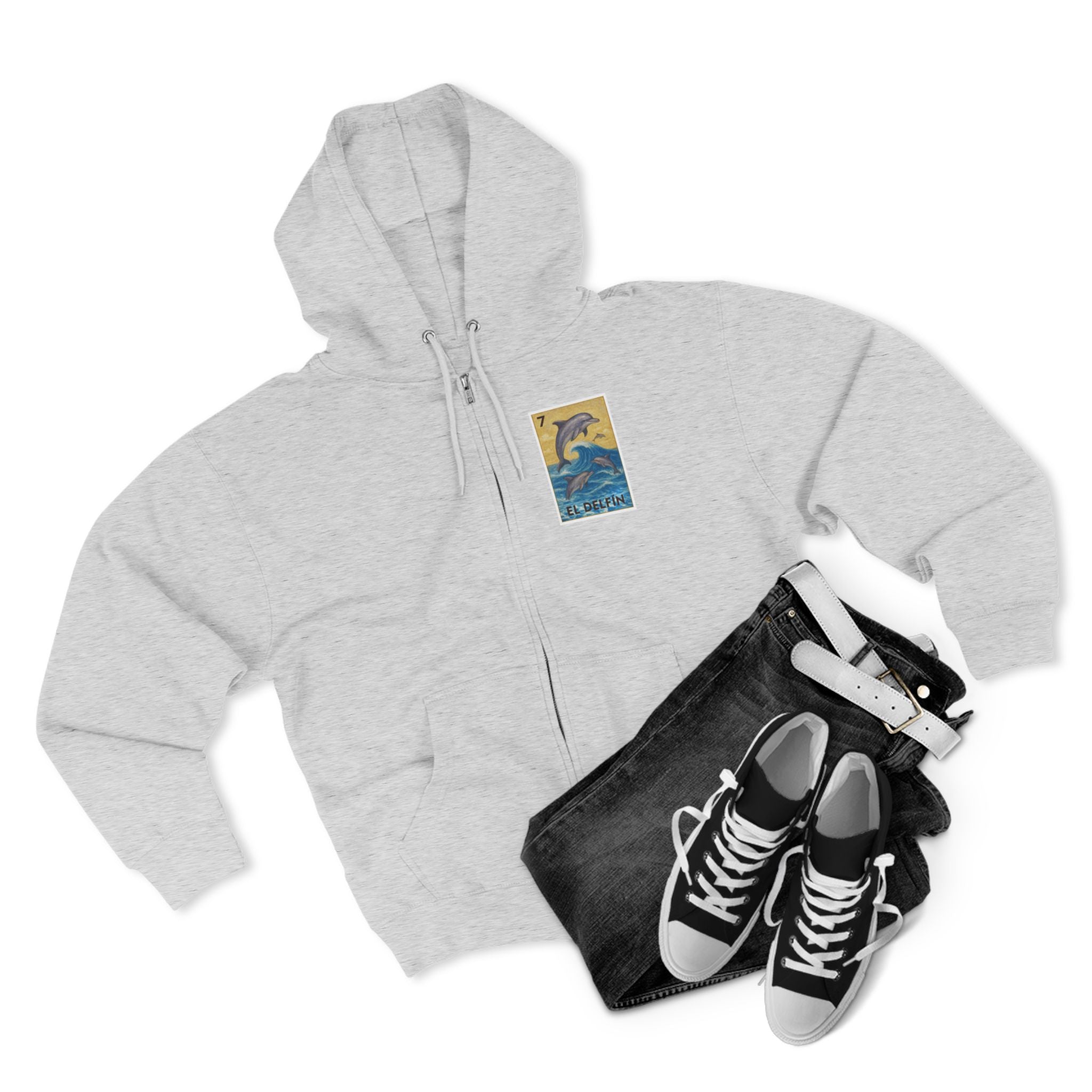 Dolphin Lotería Unisex - Zip Cotton Blend Fleece Hoodie (El Delfín)
