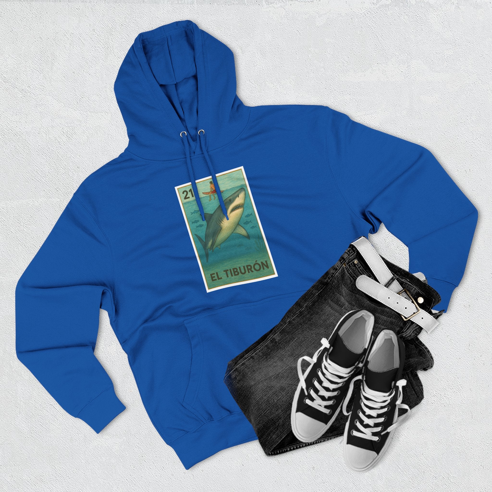 Shark Lotería Unisex - Pull-Over Cotton Blend Fleece Hoodie (El Tiburón)