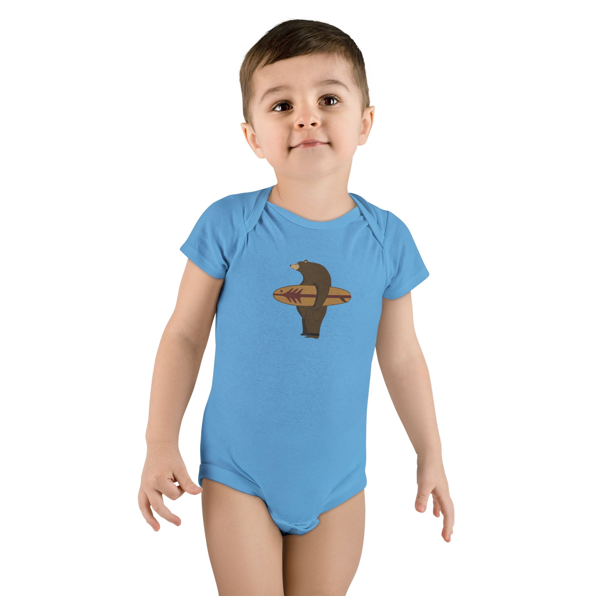 Surfing Grizzly Bear by Fabian Lavater - Baby Short Sleeve 100% Cotton Onesie