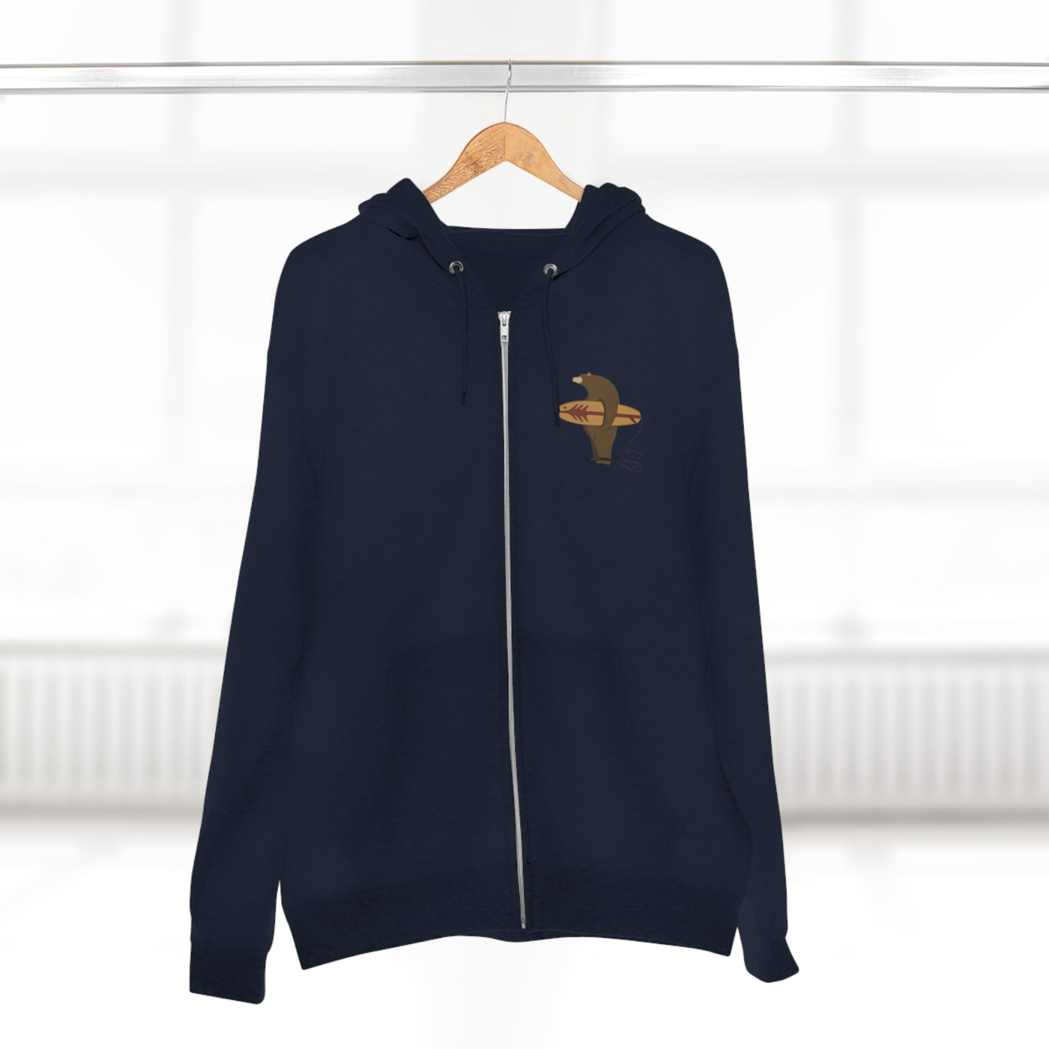 Surfing Grizzly Bear by Fabian Lavater Unisex - Zip Cotton Blend Fleece Hoodie