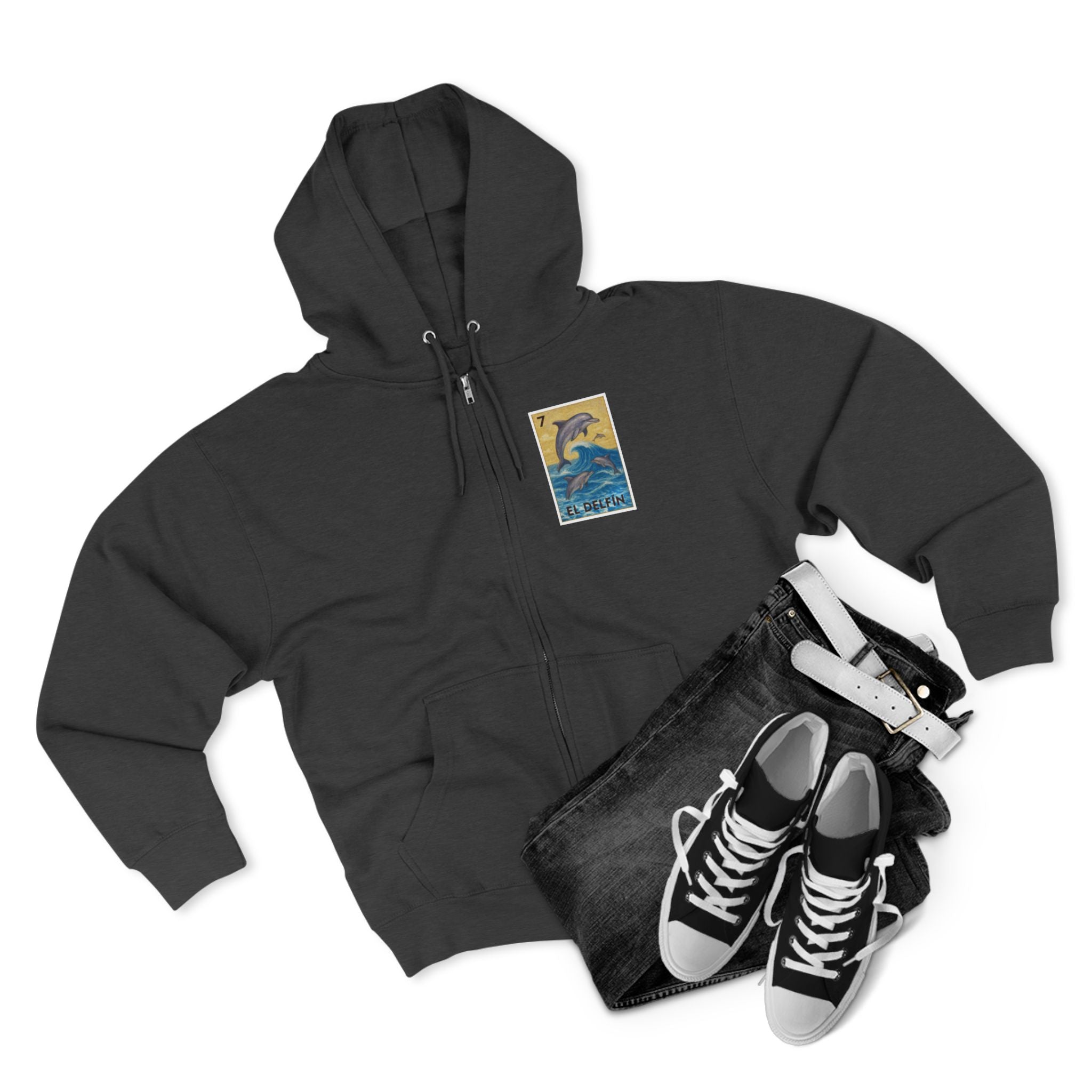 Dolphin Lotería Unisex - Zip Cotton Blend Fleece Hoodie (El Delfín)