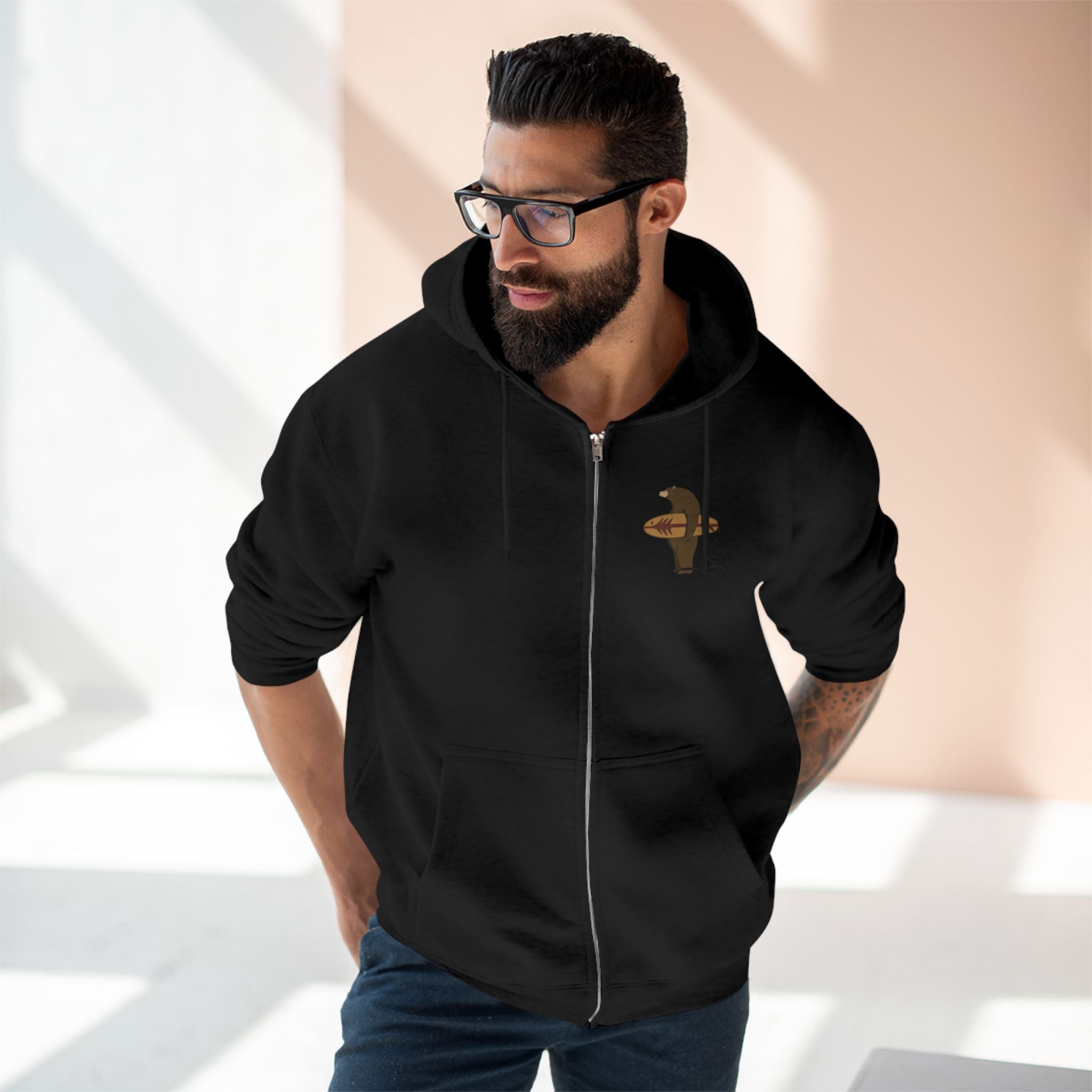 Surfing Grizzly Bear by Fabian Lavater Unisex - Zip Cotton Blend Fleece Hoodie