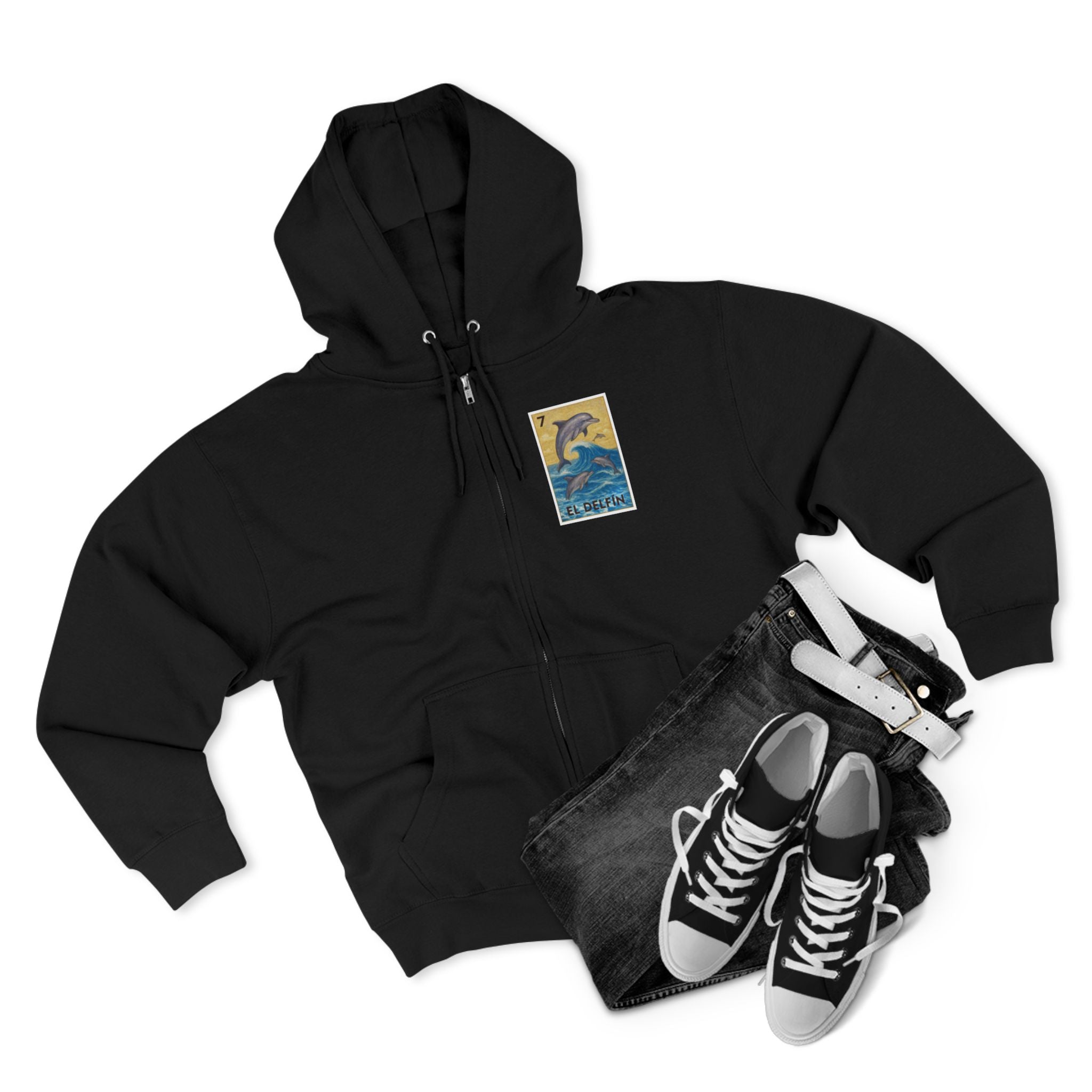 Dolphin Lotería Unisex - Zip Cotton Blend Fleece Hoodie (El Delfín)