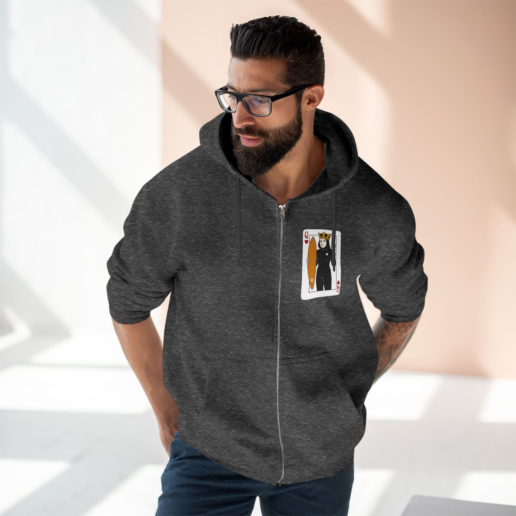Queen of Hearts Surfer Unisex - Zip Cotton Blend Fleece Hoodie
