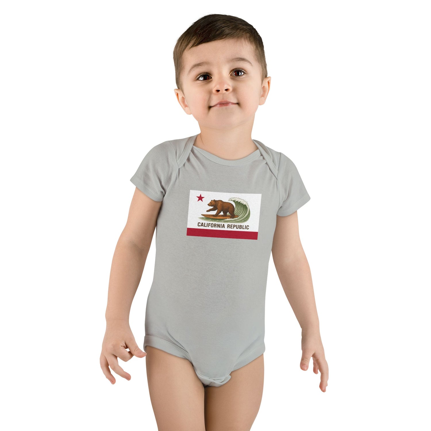 California Surfing Bear Flag - Baby Short Sleeve 100% Cotton Onesie