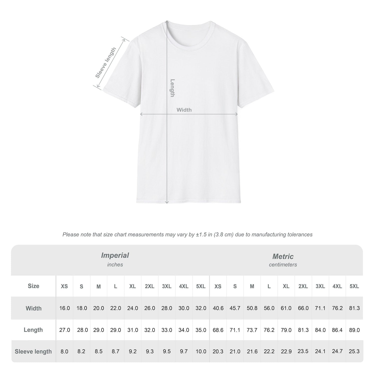 White t-shirt with size chart measurements on a white background
