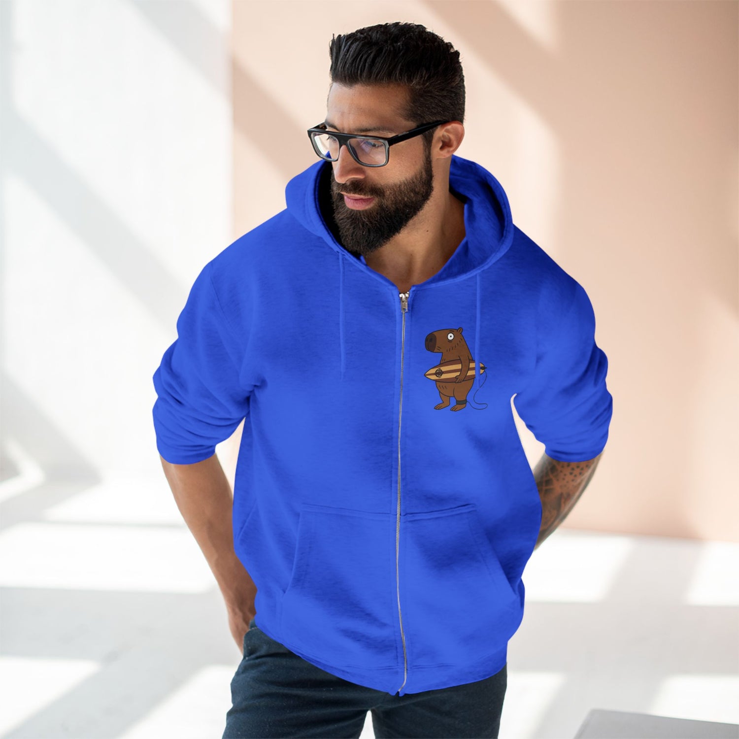 Capybara Surfer Unisex - Zip Cotton Blend Fleece Hoodie