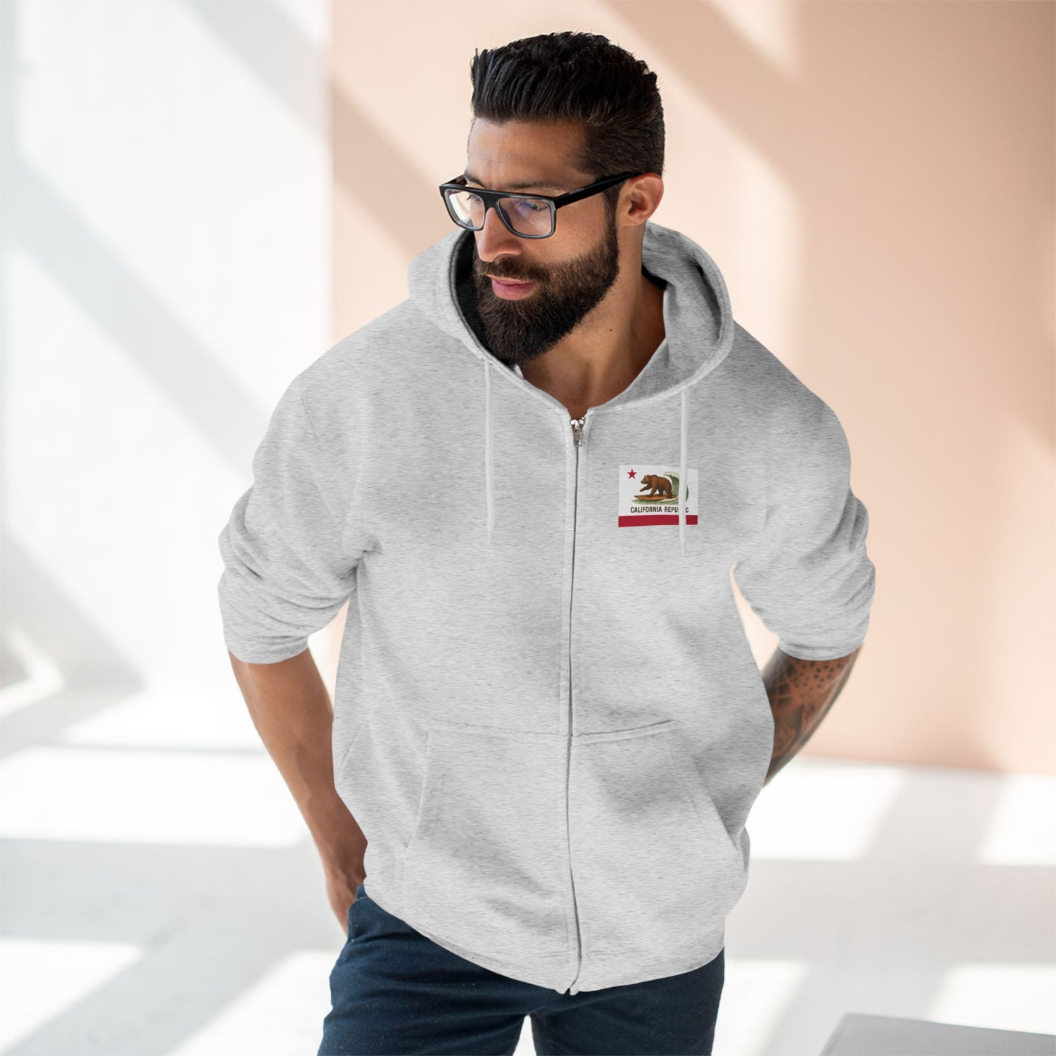 California Surfing Bear Flag Unisex - Zip Cotton Blend Fleece Hoodie