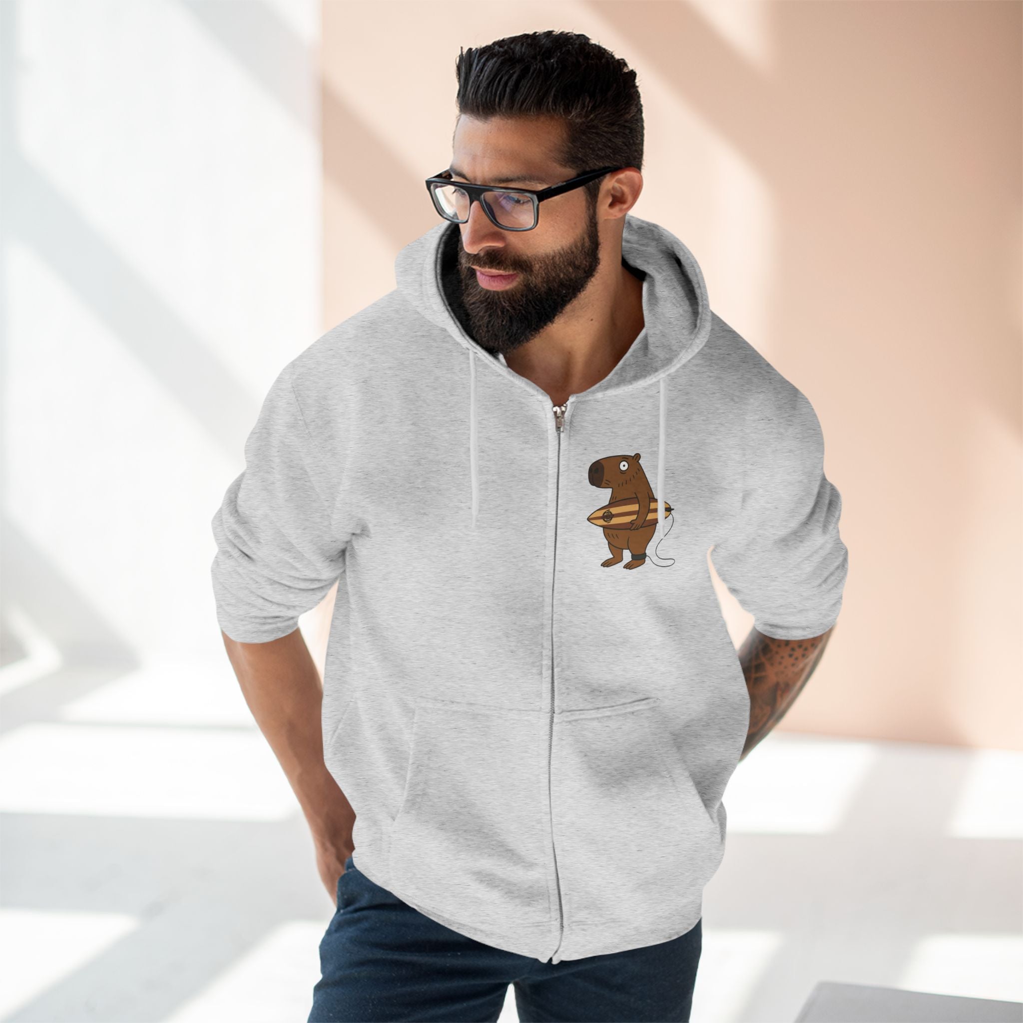 Capybara Surfer Unisex - Zip Cotton Blend Fleece Hoodie