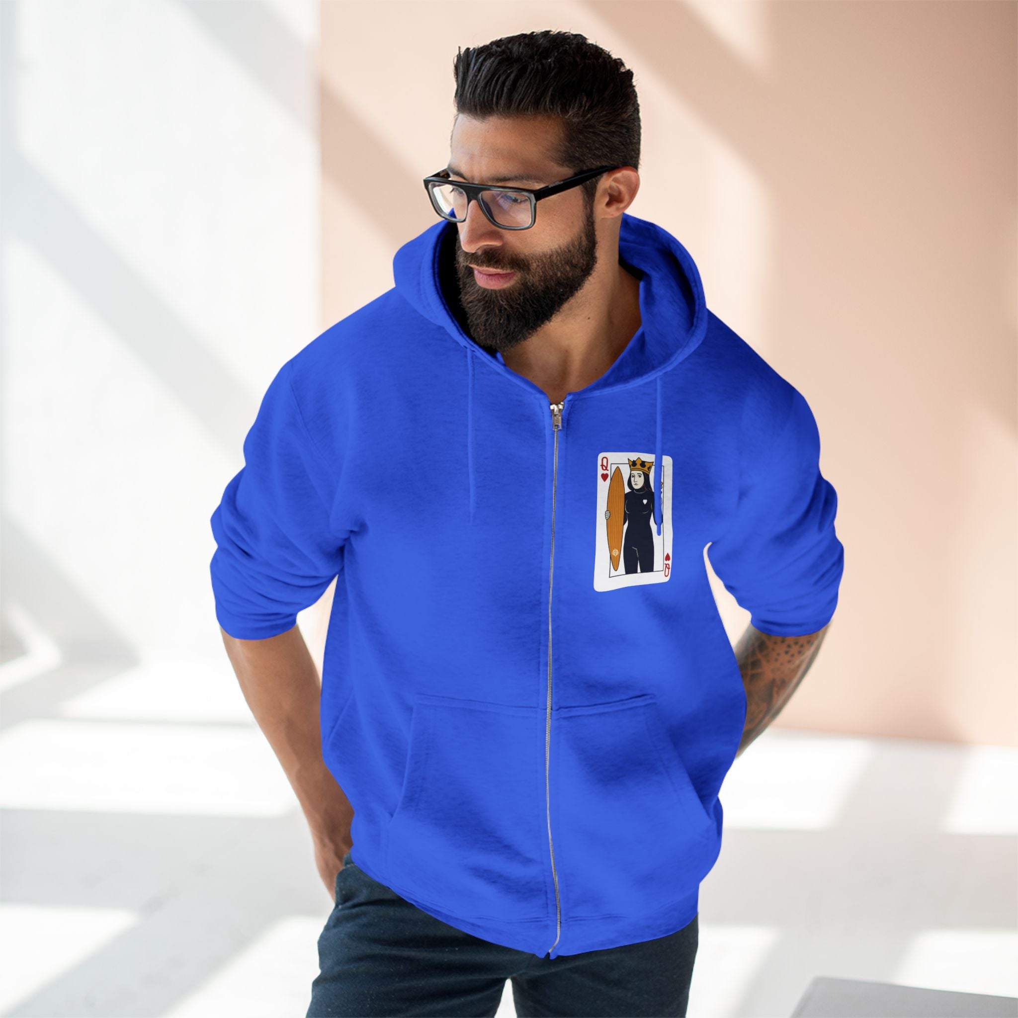Queen of Hearts Surfer Unisex - Zip Cotton Blend Fleece Hoodie